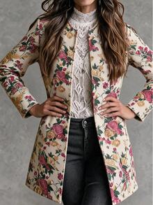 Solivie Women's New Autumn/Winter Round Neck Open Front Floral Print Lightweight Jacket, Suitable For Commuting Daytime Festive Night, Outings, Beige Elegant - Multicolor - View 9