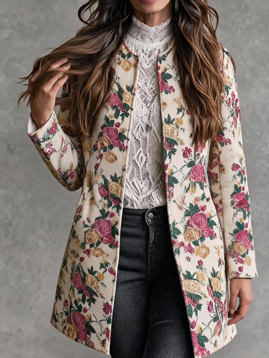 Solivie Women's New Autumn/Winter Round Neck Open Front Floral Print Lightweight Jacket, Suitable For Commuting Daytime Festive Night, Outings, Beige Elegant - Multicolor - View 1