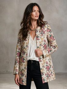 Solivie Women's New Autumn/Winter Round Neck Open Front Floral Print Lightweight Jacket, Suitable For Commuting Daytime Festive Night, Outings, Beige Elegant - Multicolor - View 5