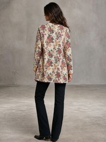 Solivie Women's New Autumn/Winter Round Neck Open Front Floral Print Lightweight Jacket, Suitable For Commuting Daytime Festive Night, Outings, Beige Elegant - Multicolor - View 3