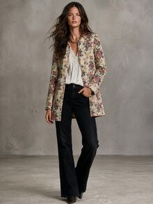 Solivie Women's New Autumn/Winter Round Neck Open Front Floral Print Lightweight Jacket, Suitable For Commuting Daytime Festive Night, Outings, Beige Elegant - Multicolor - View 4