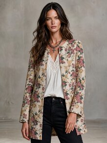Solivie Women's New Autumn/Winter Round Neck Open Front Floral Print Lightweight Jacket, Suitable For Commuting Daytime Festive Night, Outings, Beige Elegant - Multicolor - View 7