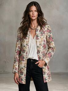 Solivie Women's New Autumn/Winter Round Neck Open Front Floral Print Lightweight Jacket, Suitable For Commuting Daytime Festive Night, Outings, Beige Elegant - Multicolor - View 8