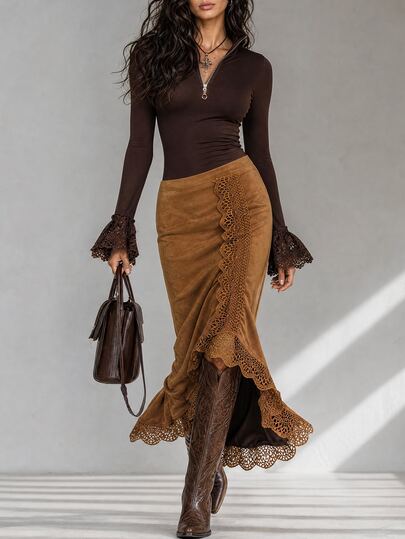 LUMIGAL Conjunto Feminino 2 Peças Vintage Boho Elegante para Trabalho e Passeio, Camiseta e Saia em Camurça Sintética, Marrom Chocolate e Camelo, Outono, Ação de Graças e Brunch