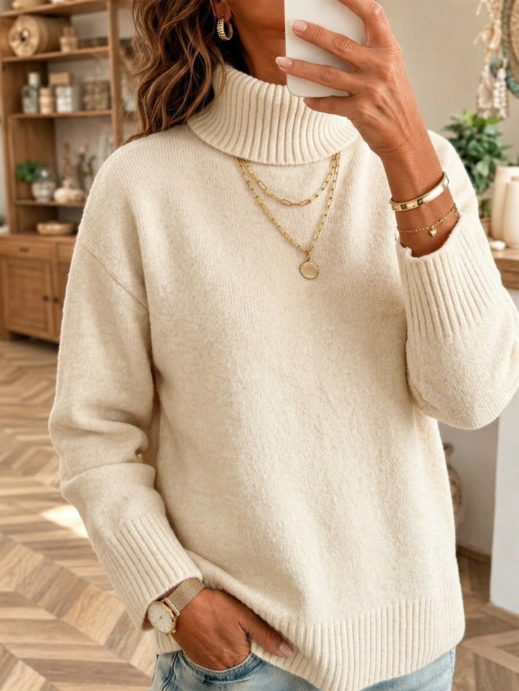 SHEIN Sweater Pullover Musim Gugur/Dingin dengan Kerah Lipat dan Potongan Lurus - Aprikot - View 6