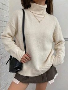 SHEIN 翻領直筒版型秋冬針織套頭毛衣 - 杏色 - 查看 4