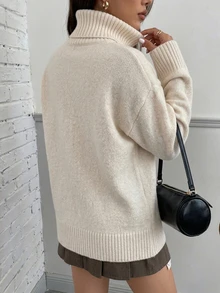 SHEIN 翻領直筒版型秋冬針織套頭毛衣 - 杏色 - 查看 3