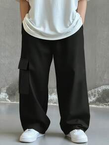 SHEIN Little Byeori 男童休闲日常舒适工装裤，直筒宽松版型，黑色工装裤，适合外出、约会、上学、春、夏、秋、冬四季穿着。 - 黑色 - 查看 2