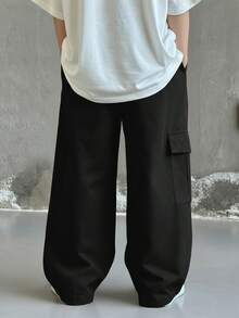 SHEIN Little Byeori 男童休闲日常舒适工装裤，直筒宽松版型，黑色工装裤，适合外出、约会、上学、春、夏、秋、冬四季穿着。 - 黑色 - 查看 3