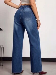 SHEIN CURVE+ 大尺碼女款高腰直筒寬鬆休閒百搭牛仔褲 秋冬 Y2K 百搭萬用 萬聖節 節慶 校園 FIT+ - 藍色 - 查看 5