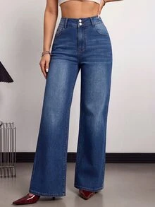SHEIN CURVE+ 大尺碼女款高腰直筒寬鬆休閒百搭牛仔褲 秋冬 Y2K 百搭萬用 萬聖節 節慶 校園 FIT+ - 藍色 - 查看 4
