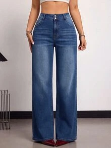 SHEIN CURVE+ 大尺碼女款高腰直筒寬鬆休閒百搭牛仔褲 秋冬 Y2K 百搭萬用 萬聖節 節慶 校園 FIT+ - 藍色 - 查看 3