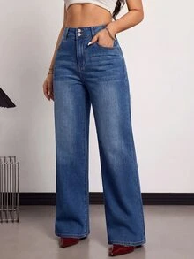 SHEIN CURVE+ 大尺碼女款高腰直筒寬鬆休閒百搭牛仔褲 秋冬 Y2K 百搭萬用 萬聖節 節慶 校園 FIT+ - 藍色 - 查看 8