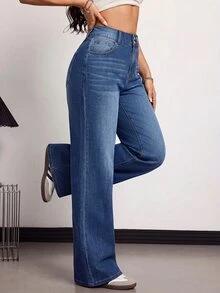 SHEIN CURVE+ 大尺碼女款高腰直筒寬鬆休閒百搭牛仔褲 秋冬 Y2K 百搭萬用 萬聖節 節慶 校園 FIT+ - 藍色 - 查看 6