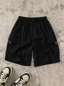 SHEIN 青少年男孩寬鬆版型工裝短褲，附口袋，純黑色，夏季休閒登山舒適運動短褲，適合學校、度假與家庭活動 - 黑色 - 查看 5