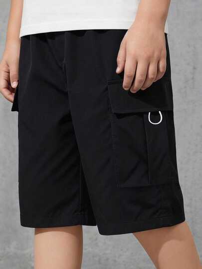 SHEIN Tween Boys' Loose Fit Cargo Shorts With Pockets,Plain Black,Summer,Casual,Hiking Comfortable Sports Shorts For School,Vacation & Family Events