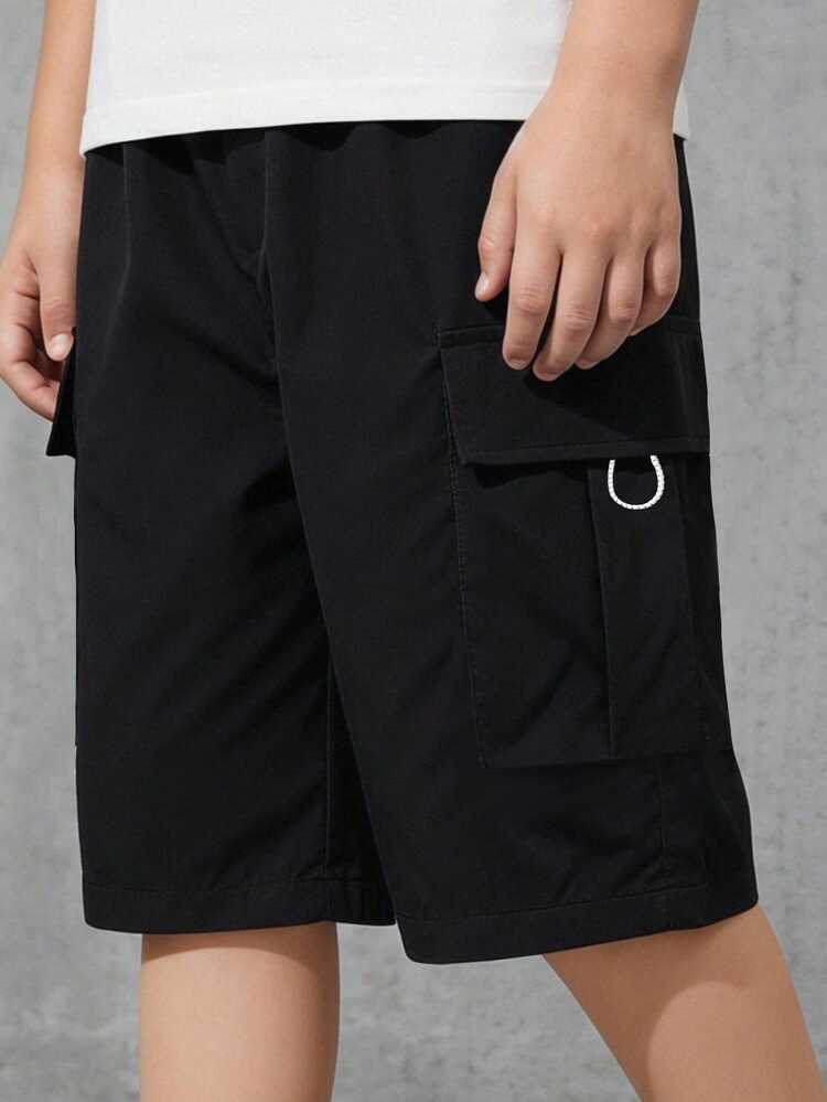 SHEIN 青少年男孩寬鬆版型工裝短褲，附口袋，純黑色，夏季休閒登山舒適運動短褲，適合學校、度假與家庭活動 - 黑色 - 查看 2