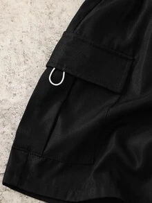 SHEIN 青少年男孩寬鬆版型工裝短褲，附口袋，純黑色，夏季休閒登山舒適運動短褲，適合學校、度假與家庭活動 - 黑色 - 查看 4