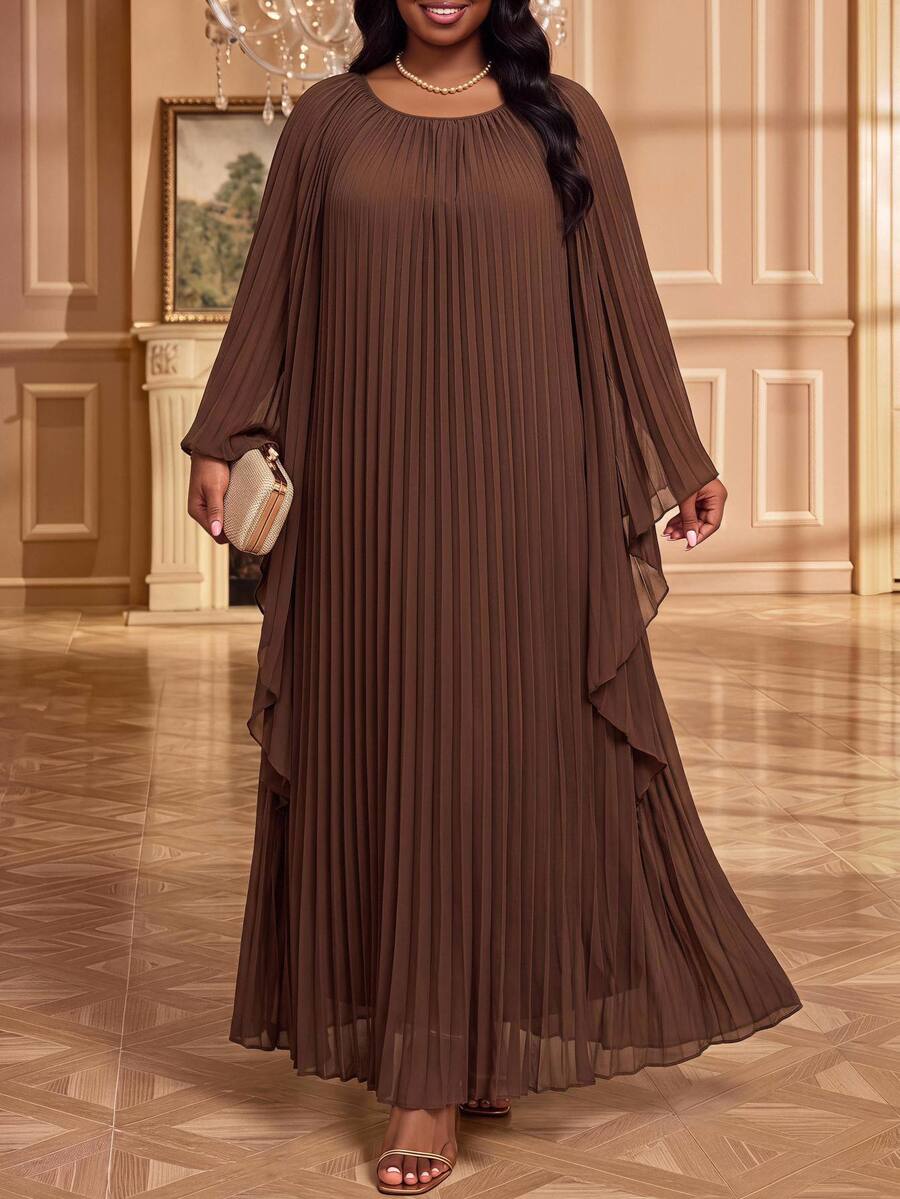 Fleurora Plus Size Women's Solid Color Round Neck Pleated Asymmetric Hem Loose Fit Dress Fall - Coffee Brown - View 1