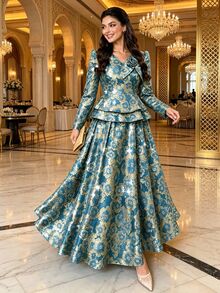 Auveirra Plus Size Women's 3D Floral Decor Ruffle Hem Jacquard Blouse And Skirt Elegant 2-Piece Set - Blue - View 1