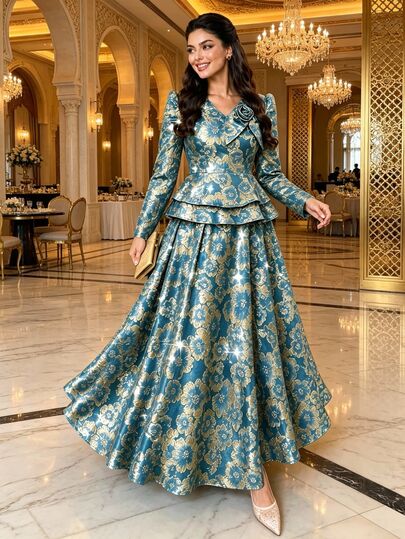 Auveirra Plus Size Women's 3D Floral Decor Ruffle Hem Jacquard Blouse And Skirt Elegant 2-Piece Set