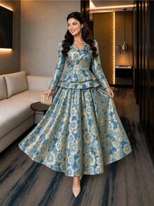 Auveirra Plus Size Women's 3D Floral Decor Ruffle Hem Jacquard Blouse And Skirt Elegant 2-Piece Set - Blue - View 3
