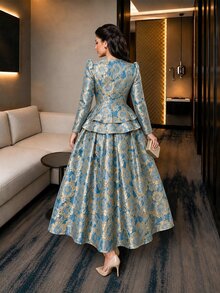 Auveirra Plus Size Women's 3D Floral Decor Ruffle Hem Jacquard Blouse And Skirt Elegant 2-Piece Set - Blue - View 2