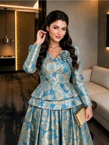 Auveirra Plus Size Women's 3D Floral Decor Ruffle Hem Jacquard Blouse And Skirt Elegant 2-Piece Set - Blue - View 4