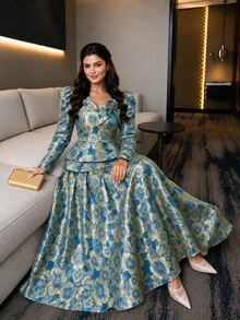 Auveirra Plus Size Women's 3D Floral Decor Ruffle Hem Jacquard Blouse And Skirt Elegant 2-Piece Set - Blue - View 5