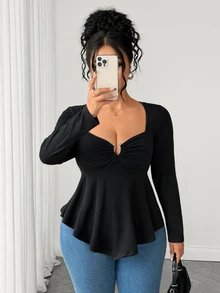 Elenzga Plus Size Sexy Elegant Hollow Out Strapless Long Sleeve Women's Top Going Out Black Autumn Fall - Black - View 6