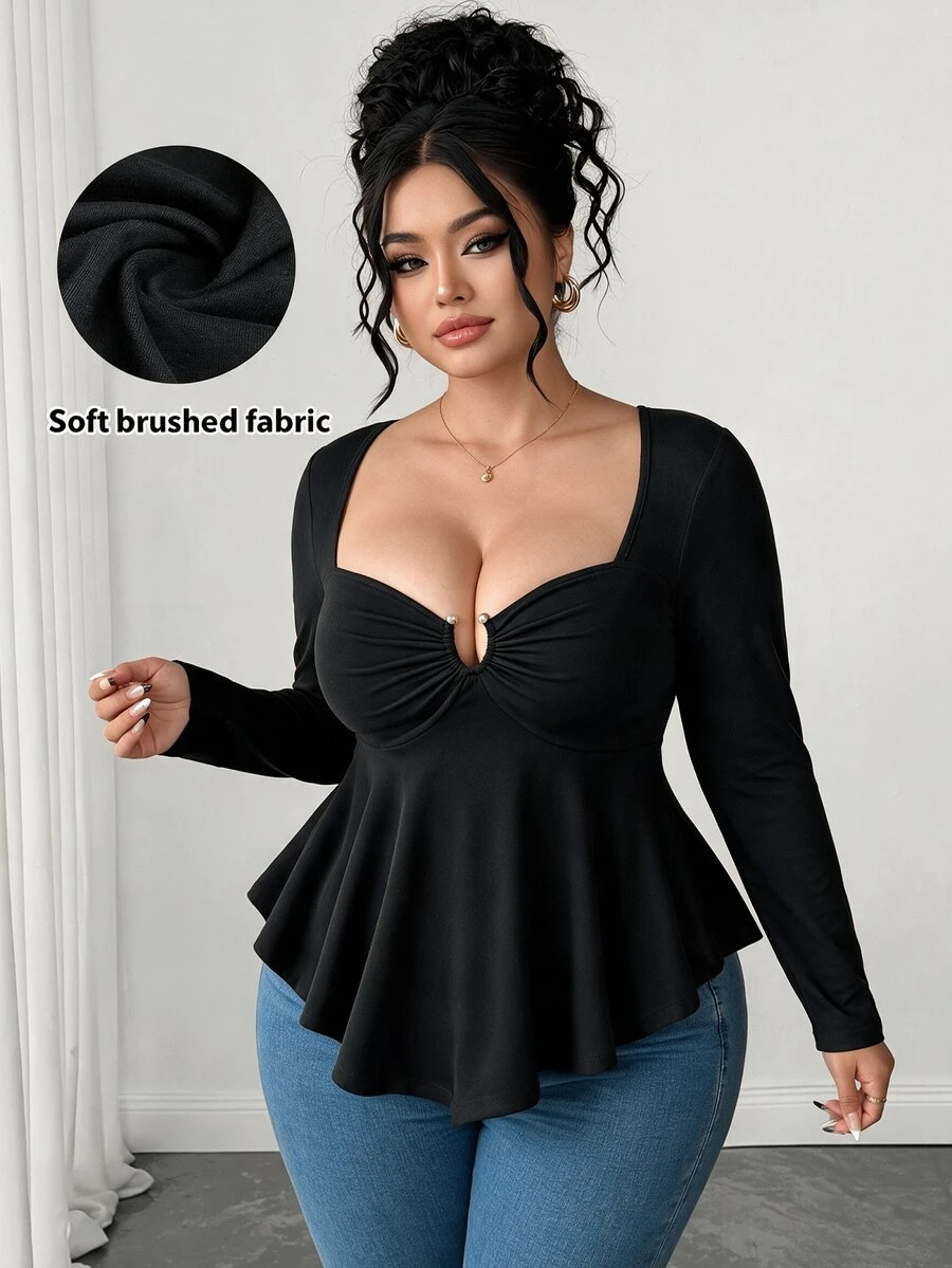 Elenzga Plus Size Sexy Elegant Hollow Out Strapless Long Sleeve Women's Top Going Out Black Autumn Fall - Black - View 1