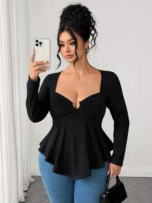 Elenzga Plus Size Sexy Elegant Hollow Out Strapless Long Sleeve Women's Top Going Out Black Autumn Fall - Black - View 5