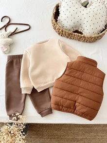 SHEIN 女嬰3件套：針織素色圓領衛衣、梭織素色立領背心外套與長褲，保暖內裡刷毛加厚冬季款 - 咖啡棕 - 查看 2