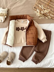 SHEIN 女嬰3件套：針織素色圓領衛衣、梭織素色立領背心外套與長褲，保暖內裡刷毛加厚冬季款 - 咖啡棕 - 查看 9