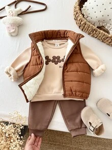 SHEIN 女嬰3件套：針織素色圓領衛衣、梭織素色立領背心外套與長褲，保暖內裡刷毛加厚冬季款 - 咖啡棕 - 查看 8