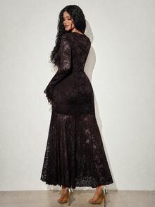 Orbivine Plus Size Women's Lace Patchwork Casual Elegant Sexy Party Evening Dress Halloween Gothic Style Brown Fall - Chocolate Brown - View 2
