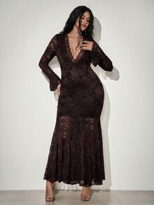 Orbivine Plus Size Women's Lace Patchwork Casual Elegant Sexy Party Evening Dress Halloween Gothic Style Brown Fall - Chocolate Brown - View 1