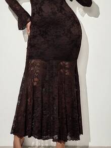 Orbivine Plus Size Women's Lace Patchwork Casual Elegant Sexy Party Evening Dress Halloween Gothic Style Brown Fall - Chocolate Brown - View 5