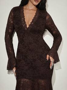 Orbivine Plus Size Women's Lace Patchwork Casual Elegant Sexy Party Evening Dress Halloween Gothic Style Brown Fall - Chocolate Brown - View 3