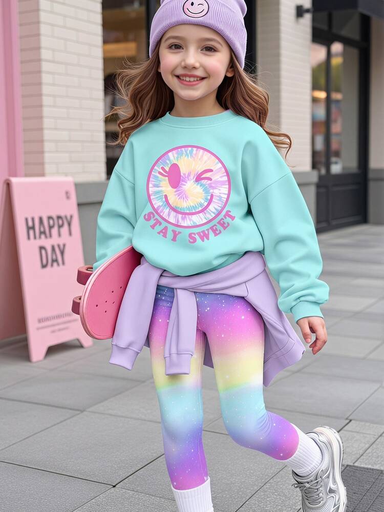 Fashion Mint Blue & Teal Sweet Smiling Face Dopamine Iridescent Neon Pattern Print, Girls Casual Minimalist Thick Crew Neck Sweatshirt & Iridescent Leggings 2pcs Set, Suitable For Autumn/Winter Daily Wear, Outings, Fashion Campus, Girl Sports, Energetic Street Style, Sweet Girly Style, New Season New Arrival, American High Street - Multicolor - View 1