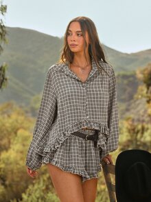 WESTFADE Plaid Button-Down Shirt & Ruffle Shorts Matching Set, Summer, Fall, Autumn, Cowgirl, Female Country Look, Back To School, Western, Rodeo, Festival - Black - View 5