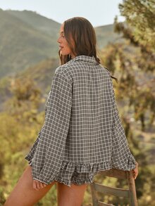 WESTFADE Plaid Button-Down Shirt & Ruffle Shorts Matching Set, Summer, Fall, Autumn, Cowgirl, Female Country Look, Back To School, Western, Rodeo, Festival - Black - View 6
