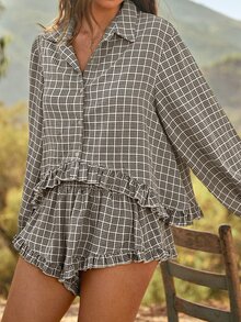 WESTFADE Plaid Button-Down Shirt & Ruffle Shorts Matching Set, Summer, Fall, Autumn, Cowgirl, Female Country Look, Back To School, Western, Rodeo, Festival - Black - View 2