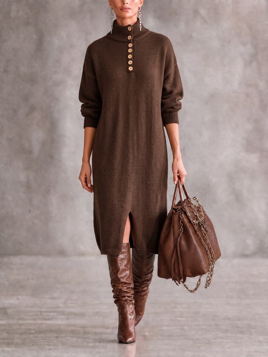 LUMIGAL Women's Solid Color Split Design Casual Party Knit Dress - Coffee Brown - View 1