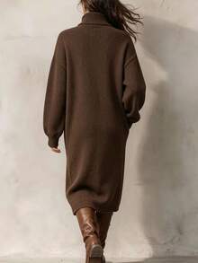 LUMIGAL Women's Solid Color Split Design Casual Party Knit Dress - Coffee Brown - View 2