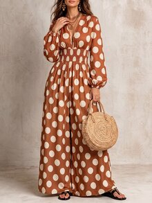 Solivie Women's Fall Brown And White Polka Dot Dress, Suitable For Daily Romantic Casual Boho Outfits, Vacation - Multicolor - View 5