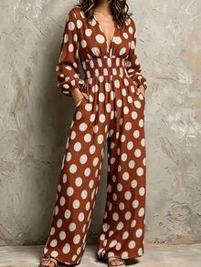 Solivie Women's Fall Brown And White Polka Dot Dress, Suitable For Daily Romantic Casual Boho Outfits, Vacation - Multicolor - View 3