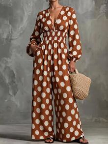 Solivie Women's Fall Brown And White Polka Dot Dress, Suitable For Daily Romantic Casual Boho Outfits, Vacation - Multicolor - View 8