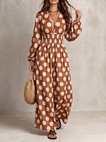 Solivie Women's Fall Brown And White Polka Dot Dress, Suitable For Daily Romantic Casual Boho Outfits, Vacation - Multicolor - View 7
