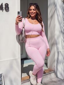 SHEIN Sovereign Charm Women's Plus Size Solid Color Long Sleeve T-Shirt And Leggings Sports Set - Pink - View 4